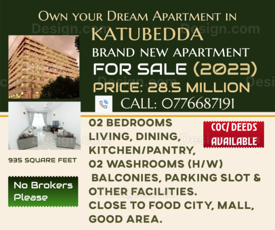 2 bedrooms brand new Apartment for Sale in Katubedda close to Galle Road